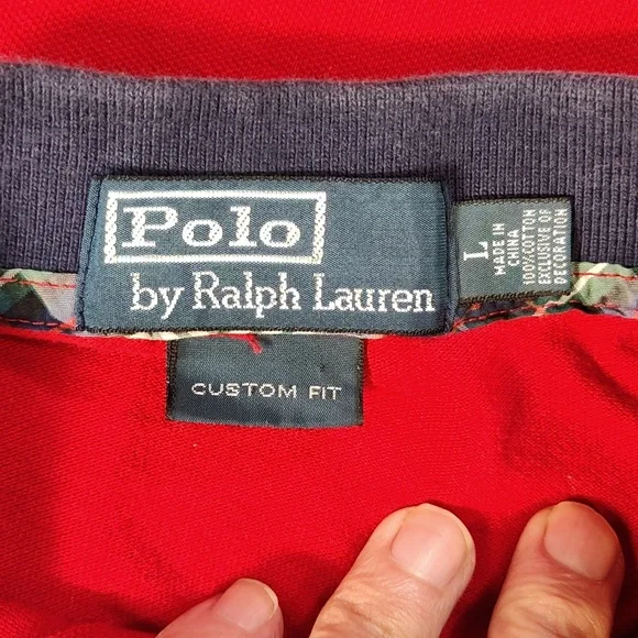 Vtg #3 Plaid Patch Large Pony Mens Red Custom Fit Blue Trimmed Polo - Picture 7 of 9